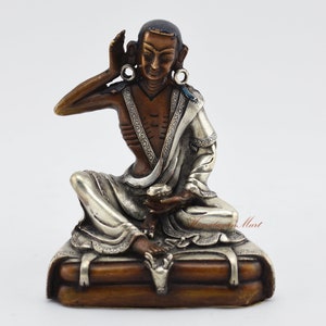 Fine Quality Oxidized Copper Alloy with Silver Plated Buddhist Tibetan Guru Milarepa Statue from Patan, Nepal