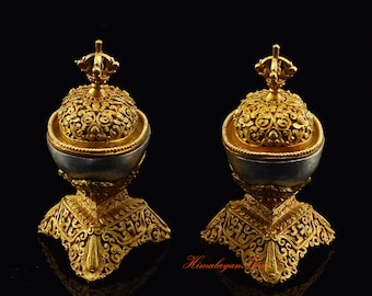 Fine Quality Tibetan Buddhist Ritual Gold & Silver Plated Copper Kapala Set for Ritual Ceremony in Shrine Altar Monastery from Patan, Nepal
