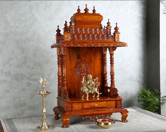 Wooden Temple solid teakwood heavy brass bells hand carved traditional unique handmade wooden mandir for Home Hindu Mandap for Worship