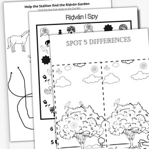 Op de afbeelding: Zwart-witte printbare activiteitenblad met een paard, een doolhof en een zoek de verschillen spel. De tekst op het blad luidt "Help the Stallion find the Ridván Garden" en "Ridván | Spy".