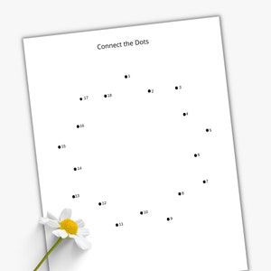 May include: A black and white connect the dots activity sheet with the words "Connect the Dots" at the top. The sheet has 18 numbered dots arranged in a curved shape.