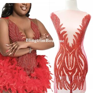 Super Sparkling Red Rhinestone Applique Dance Costumes, Bead Bridal Applique Prom dress Applique Rhinestone Applique Bodice Haute Couture