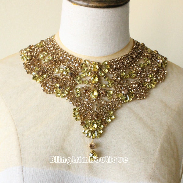 Sparkle Gold Silver V collar Bodice neckline lace applique neck trim heart shoulder necklace for bridal wedding gown haute couture