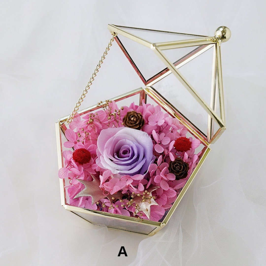 Preserved Flower Rose Ring Box Gold Pentagon Geometric Wedding Ring Box