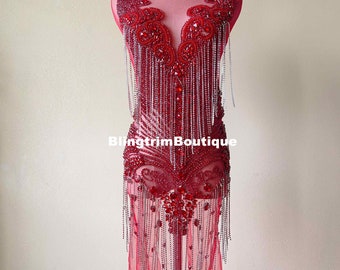 Red Big Diamonds bodice rhinestone applique with fringe chain Gorgeous Full Body Beaded Sew On Tulle Lace Fabric for prom dress