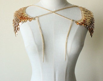 Armor Epaulets in Dragon scales Knitted Scalemail Harness Shoulder Pauldrons Adjustable Neck Piece Burning Man Armour Metal Shiny