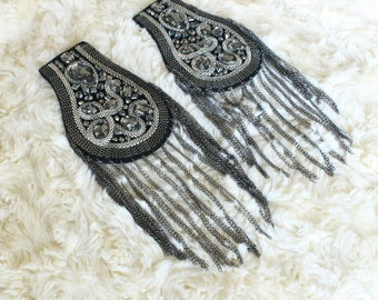 1 Pair Gunmetal Black Tassels Epaulet,Handmade Shoulder Pad,Rhinestone Beaded Shoulder Decoration Epaulets,Shoulder Embellishment,Epaulets