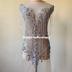 Luxurious Sparkle AB crystal beaded fringe Wedding applique crystal bodice crystal applique patch panel fabric for wedding Prom gown dress
