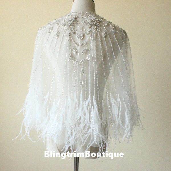 Gorgeous Rhinestone Ostrich Feather fringe Crystal tulle Shawl Cape For Bridal Wedding Dress Haute Couture Shrugs Shoulder Necklace Capelet