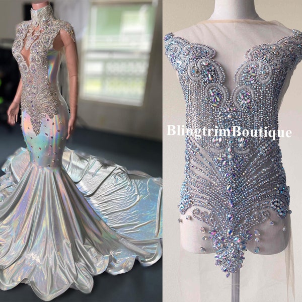 Sparkle AB crystal Beaded Bodice Rhinestone Applique Sewing crystal bodice Evening Dress patch Prom Wedding Panels