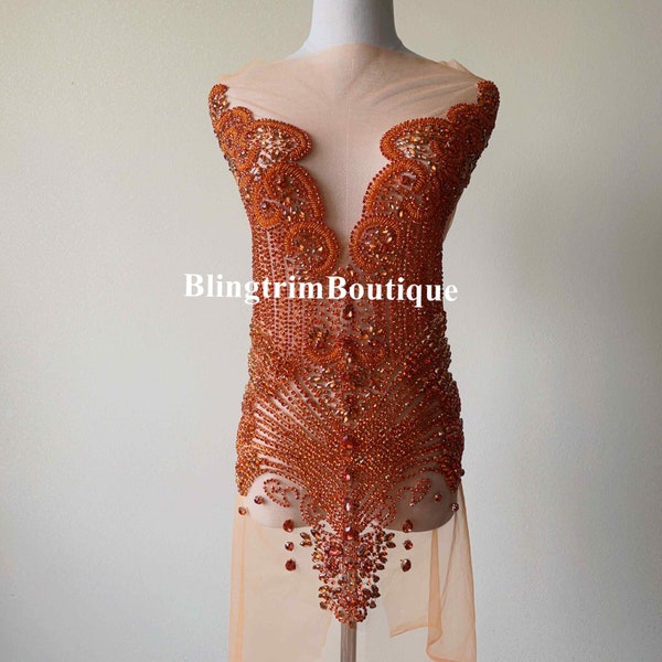 New Glamorous Orange Rhinestone Bridal Bodice Applique Crystal Promdress Applique Haute Couture Applique Bodice