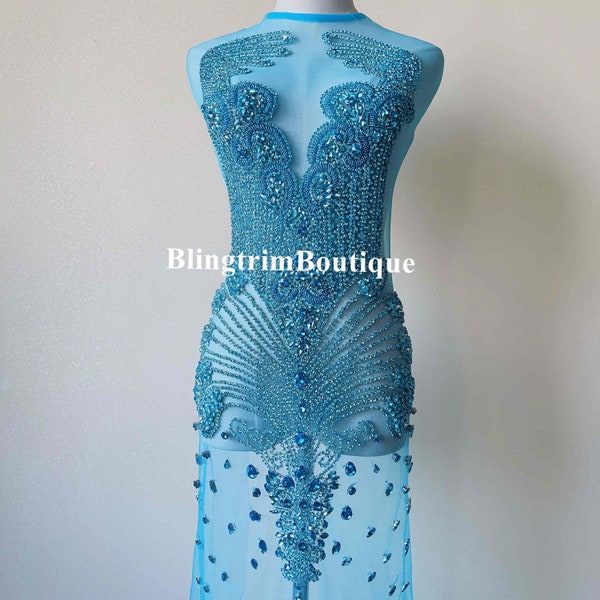 Nani Turquoise blue 3D rhinestone bodice applique panel Luxury Sparkly Heavy Beaded patch for Prom Mesh Cocktail Dress Wedding Reception