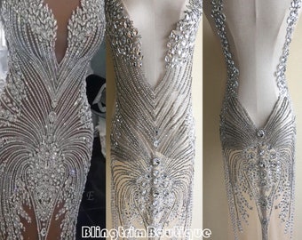 Prachtige ontwerper volledige lengte lijfje strass applique panelen kralen naakt jurken haute couture trouwjurk Swarovski Shine één set