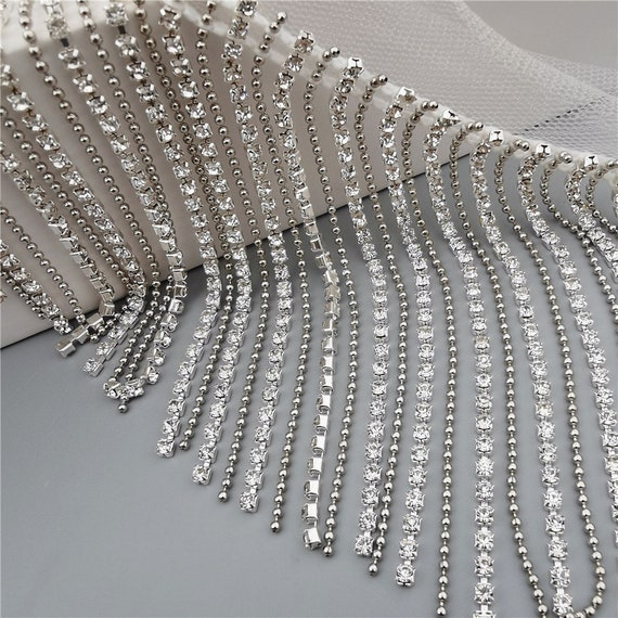 CHN-RHS-083-SILVER. CLEAR CRYSTAL RHINESTONE CHAIN FRINGE WITH ENDING ROUND  CRYSTAL - ON SILVER METAL 