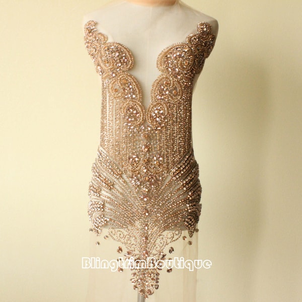Sparkle Rose Gold Heavily Bodice applique Beaded embroidery panel crystal fabric for Fabulous Formal Ball Gown Gatsby party Wedding dress