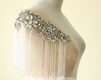 Sparkling Rhinestone Applique Beaded Fringe Tassel dangling Diamante sew on Patch for Bridal Shoulder capelet epaulettes Wedding Dress Gown