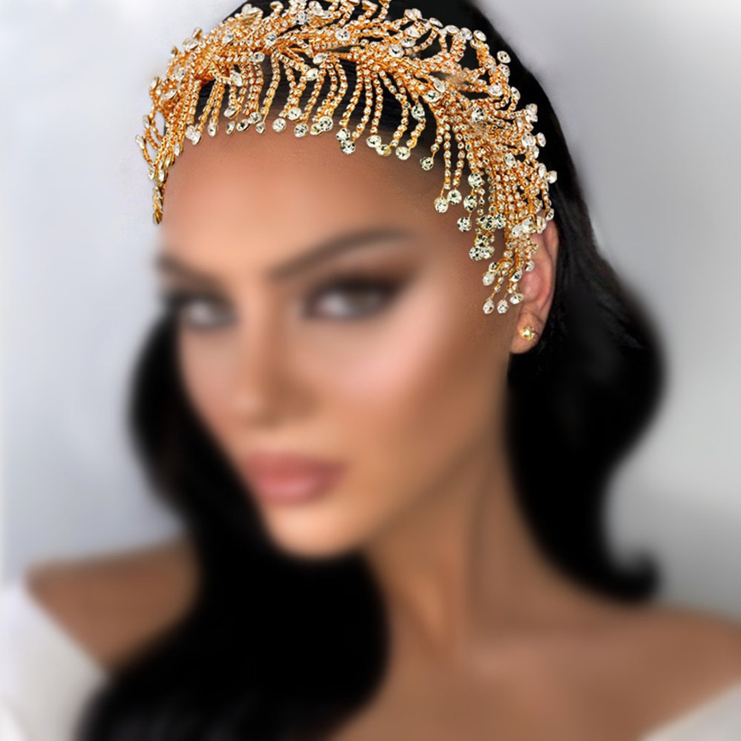Gold Bridal Headband Diamond Forehead Wedding Hair Vine Big Etsy