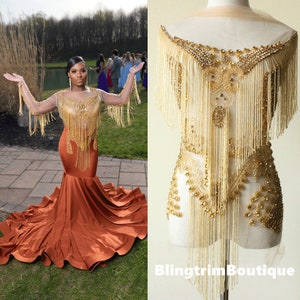 Gold Crystal Fringe Bodice Applique Sheer Fabric Stunning Large Rhinestones Dangling Beaded Trim, DIY Sewing lace patch