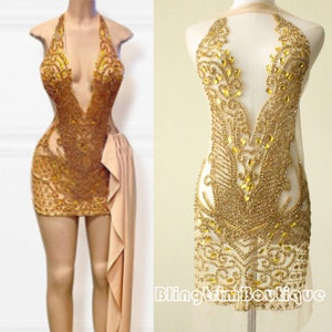 Gorgeous Gold Parker Rhinestone Applique On Mesh Super Large Bodice Patch Beaded Applique Haute Couture Dress Applique for ball gown formal