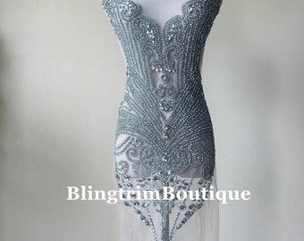 Handmade Rhinestone Bodice Applique Crystal Beaded Full Body Applique, Front Dressmaking Panel, Prom Birthday Party Wedding Reception