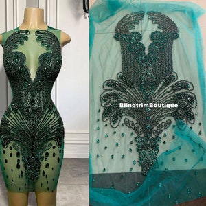 Deluxe Hunter Green Rhinestone Applique bodice beaded floral motif Lace Applique fabric panel for gown dress not the full dress