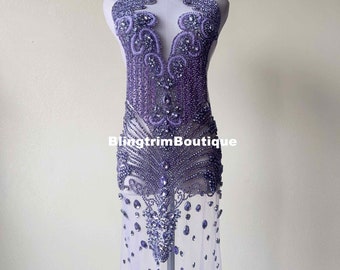 New Lavender purple Luxury Bodice Applique Crystal Beading Handcraft Patches sew on bodice Prom dress Applique