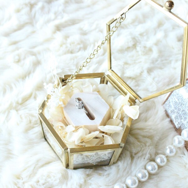 Gold HexagonJewelry Storage Box Ornaments Jewel Casket Wedding Ring Container Desktop Display Geometric Unique Glass Favors Flower Ring Box