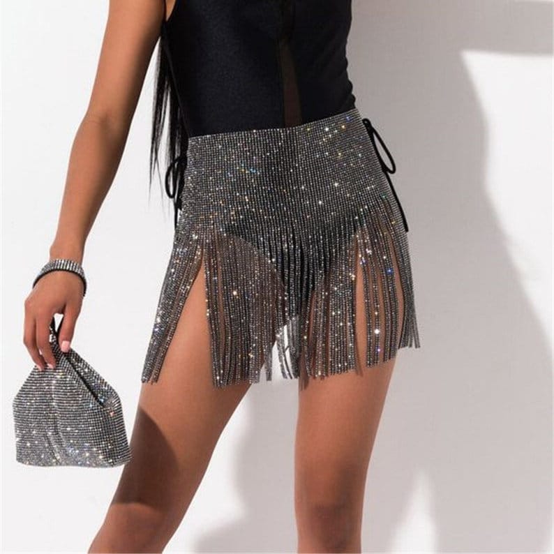 Sparkle Fringe Mini Skirt Rhinestone Body Jewelry Skirt Body Etsy