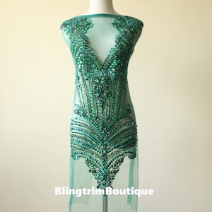 Emerald green rhinestone bodice applique crystal bodice tulle lace fabric Sparkle fabric handmade crystal bodice patch for couture