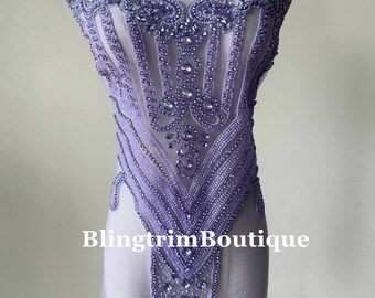 Purple Bodice Rhinestone Applique Beaded 3D Rhinestone Applique Bridal Gown Rhinestone, Prom Dress panel tulle bodysuit applique DIY Project