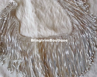 6.2" W Rhinestone fringe overlength Trim Crystal applique Silver Tassels belly dance show shirt neckline Fringe Chain Swarovski shine