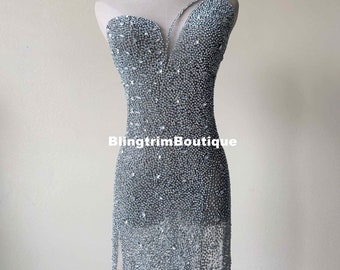 New Sparkling Silver Clear Embroidery Rhinestone beaded Panel Bodice Front Applique in white mesh for Bridal dress, Party Prom Dance dress