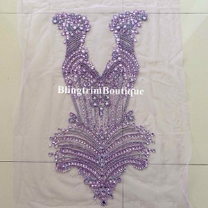 Celine Glittering Sparkling Heavily beaded silver /gold/purple/red/green/blue AB Crystal Rhinestone sequin bodice Applique haute couture Lavender purple