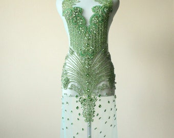 Elegante groene full body lijfje paneelstof voor bruidsprinses trouwjurk jurk glas strass motief bloemen kristal applique