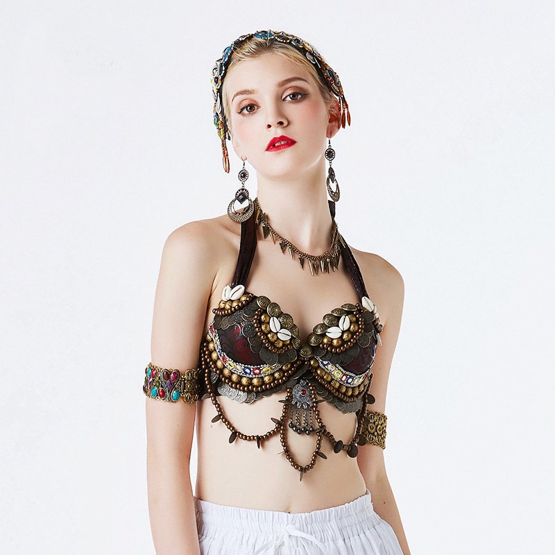 Tribal Fusion Bra, 34 B, Belly Dance Costume, Beaded Halter Top