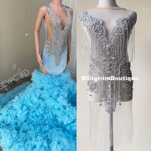 Silver bodice applique with rhinestone fringe Large Full Body Haute Couture Mesh Beaded Applique Patch For Party Prom Bridal Dress