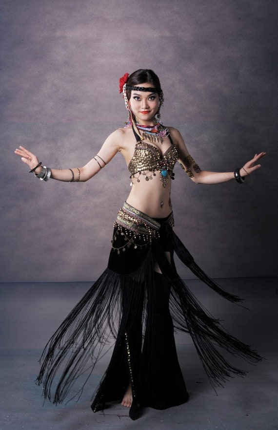 Women Belly Dance Tribal Sequin Beaded Bra Top Halloween Costume with Coins