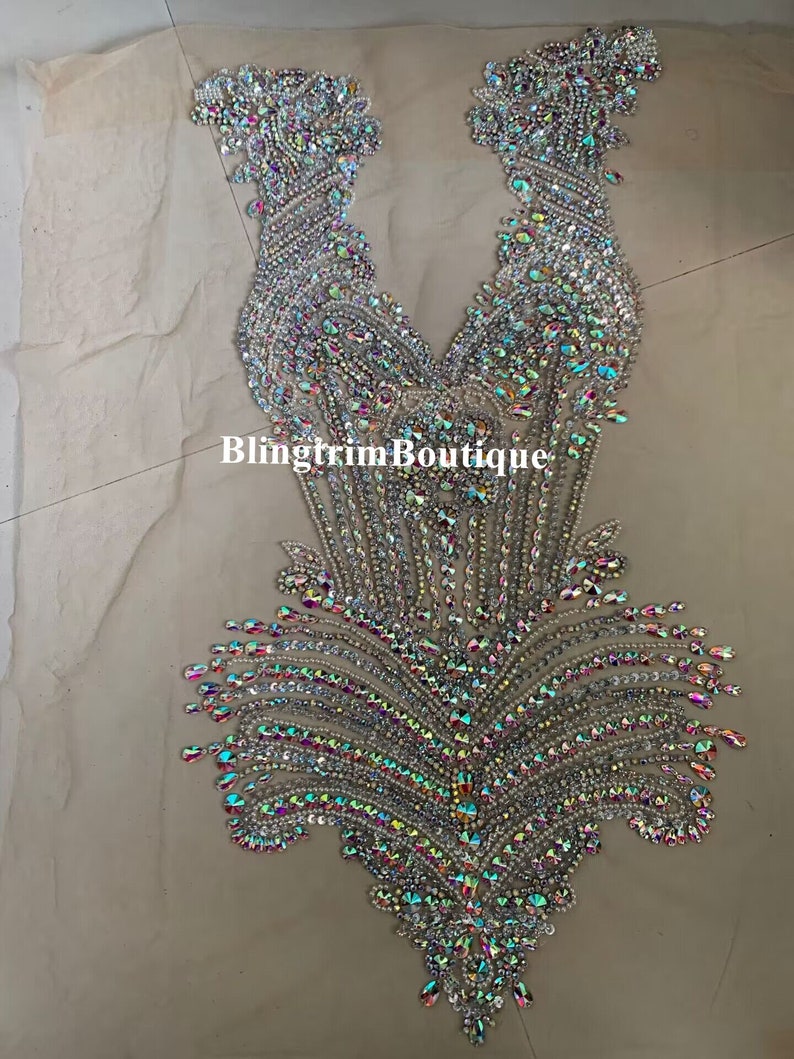 Celine Glittering Sparkling Heavily beaded silver /gold/purple/red/green/blue AB Crystal Rhinestone sequin bodice Applique haute couture AB crystal