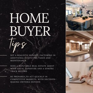 Könnte beinhalten: Bild mit dem Text "HOME BUYER Tips" auf einem schwarzen Marmorhintergrund. Der Text ist weiß, mit "Tips" in einer Schreibschrift. Das Bild enthält Innenarchitekturfotos und eine Person, die einen Laptop benutzt.