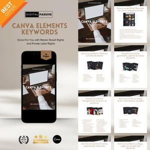 May include: A digital product guide with 16 pages of Canva element keywords. The guide is divided into sections with titles like "Best keywords for abstract & boho elements" and "Best keywords for backgrounds, textures & patterns". The guide is designed to help users find the best keywords to use when searching for Canva elements.