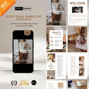 Puede incluir: Una maqueta de producto digital con un esquema de color marrón y blanco. El producto es una descarga digital de 90 plantillas de marketing por correo electrónico. El texto "90 DFY Email Marketing Templates" se muestra en una fuente grande. El texto "Done-For-You with Master Resell Rights and Private Label Rights" se muestra en una fuente más pequeña. El texto "103 Pages" se muestra en una fuente pequeña. El texto "For You Email Marketing" se muestra en una fuente grande. El texto "What's Inside" se muestra en una fuente grande. El texto "100 Subject Lines" se muestra en una fuente más pequeña. El texto "Access Your Email Templates" se muestra en una fuente más pequeña. El texto "Terms and Conditions" se muestra en una fuente más pequeña. El texto "100 Subject Lines" se muestra en una fuente grande. El texto "100 Subject Lines For You To Use" se muestra en una fuente grande. El texto "Welcome to your collection" se muestra en una fuente grande.