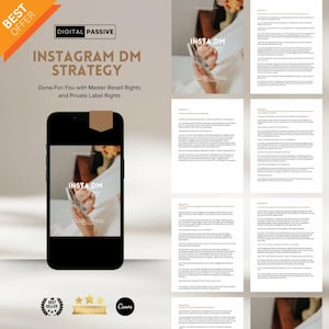 May include: A digital product mockup with the title "Instagram DM Strategy" and the text "Done-For-You with Master Resell Rights and Private Label Rights". The mockup is on a smartphone screen with a white background and a brown border. The text "INSTA DM" is in a white circle with a brown border.