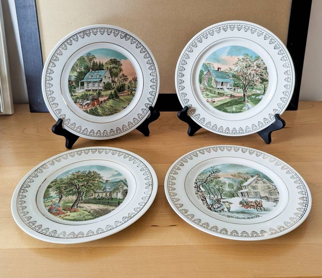 Special New Pricesigned Currier Ives Set of 4 Seasons Plates Gold Rims is 8.25 Diameter in Perfect Vintage Condition Free SHIPPING USA C Etsy