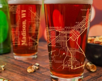 Madison Pint Glass, UV Printed Choose From Over 40 Colors, Madison Wisconsin Gift, Housewarming, Home Bar, City Map Beer Glass
