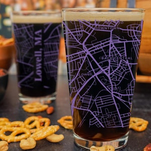Lowell Pint Glass, UV Printed Choose From Over 40 Colors, Lowell Massachusetts Gift, Housewarming, Home Bar, City Map Beer Glass