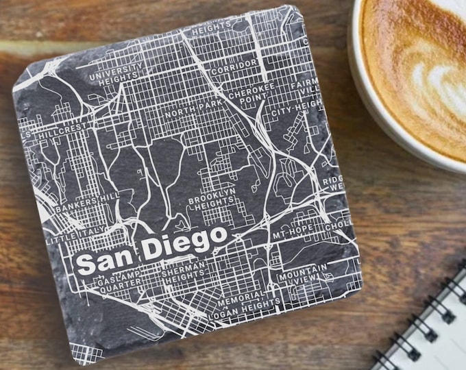 San Diego Housewarming Gift, Printed Slate Coaster, San Diego Decor, San Diego CA Gift, Coaster Set, Real Estate Closing, San Diego Map