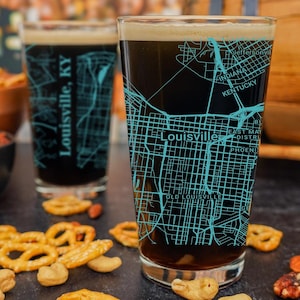 Louisville Pint Glass, UV Printed Choose From Over 40 Colors, Louisville KY Gift, Housewarming, Home Bar, City Map Beer Glass
