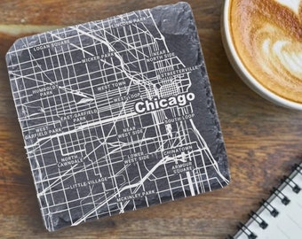 Chicago Housewarming Gift, Printed Slate Coasters, Illinois Decor, Chicago IL Gift, Coaster Set, Realtor Closing, Chicago IL Housewarming