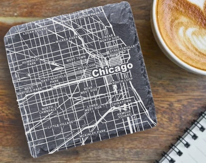 Chicago Housewarming Gift, Printed Slate Coasters, Illinois Decor, Chicago IL Gift, Coaster Set, Realtor Closing, Chicago IL Housewarming