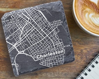 Charleston Housewarming Gift, Printed Slate Coaster, Charleston Decor, Charleston SC Gift, Coaster Set, Real Estate Closing, Charleston Map